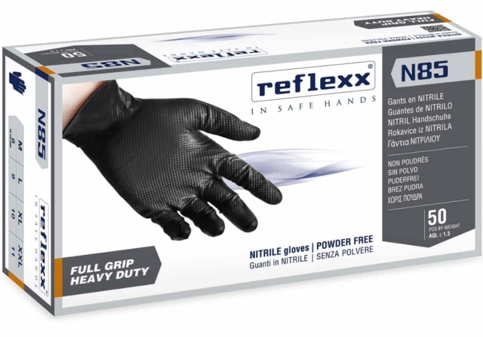 REFLEXX-N85B  ΓΑΝΤΙΑ ΝΙΤΡΙΛΙΟΥ ΜΙΑΣ ΧΡΗΣΗΣ ( 50τμχ.) ΜΕ ΑΝΤΙΟΛΙΣΘΗΤΙΚΗ GRIP ΕΠΙΦΑΝΕΙΑ ΜΑΥΡΑ